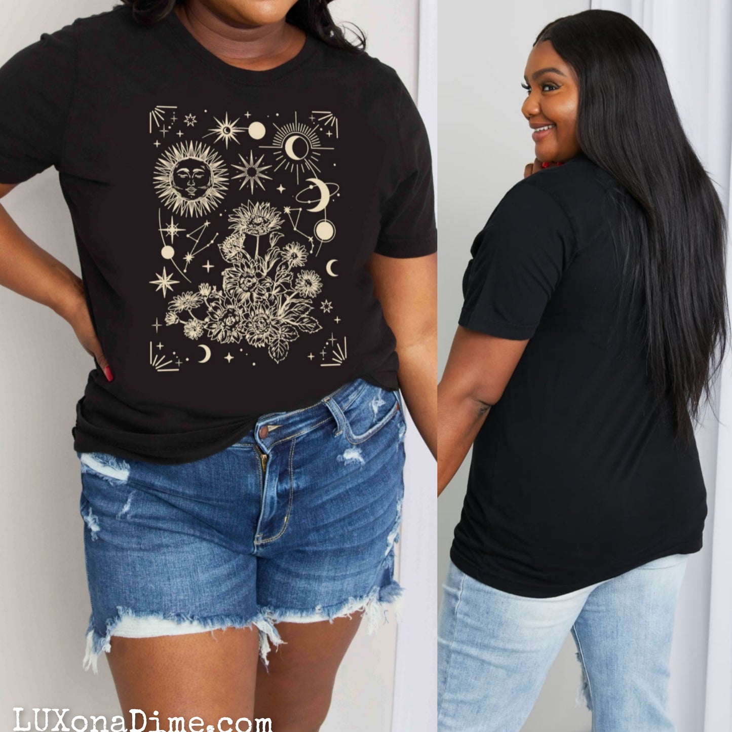 Celestial Moon Sun Stars Graphic Short Sleeve 100% Cotton Tee Shirt (Plus Size Available)