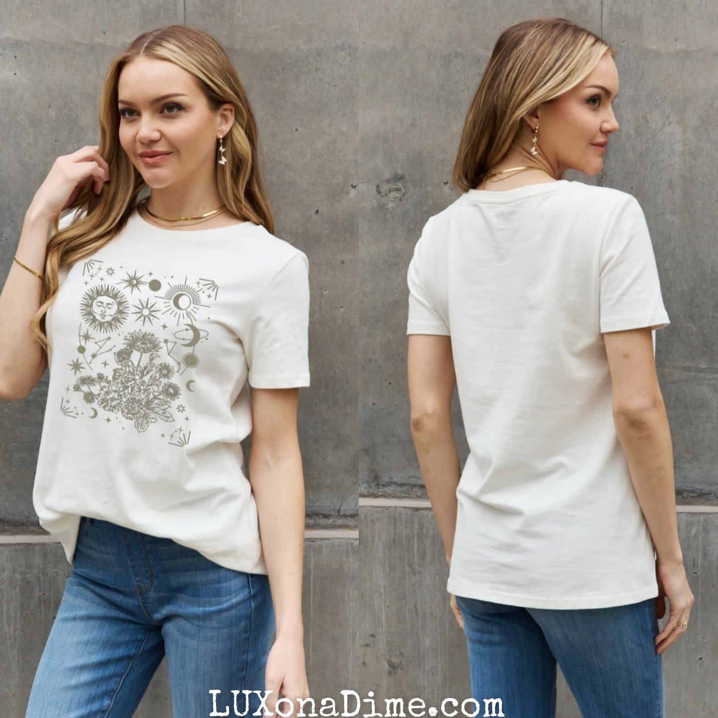 Celestial Moon Sun Stars Graphic Short Sleeve 100% Cotton Tee Shirt (Plus Size Available)