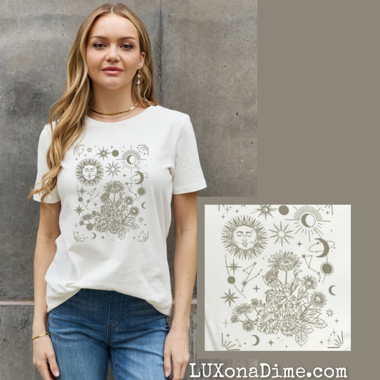 Celestial Moon Sun Stars Graphic Short Sleeve 100% Cotton Tee Shirt (Plus Size Available)