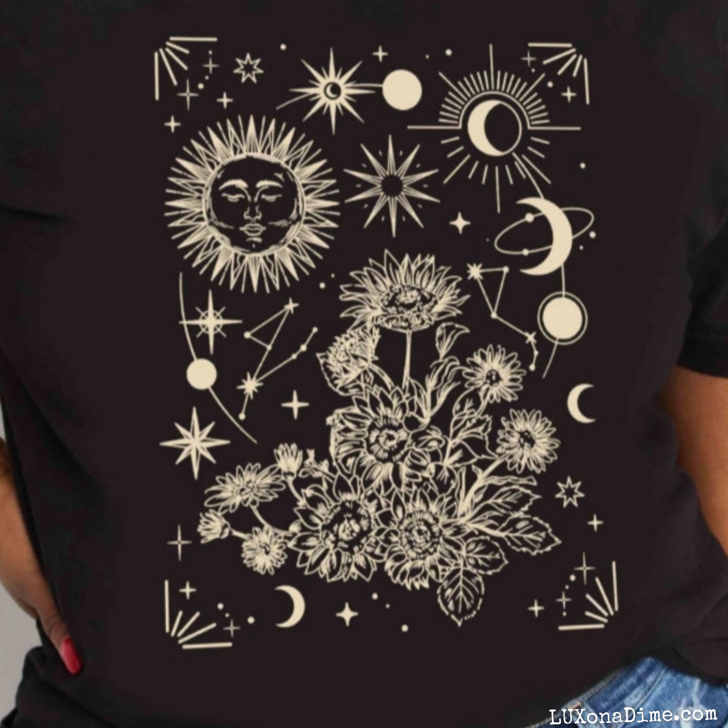 Celestial Moon Sun Stars Graphic Short Sleeve 100% Cotton Tee Shirt (Plus Size Available)