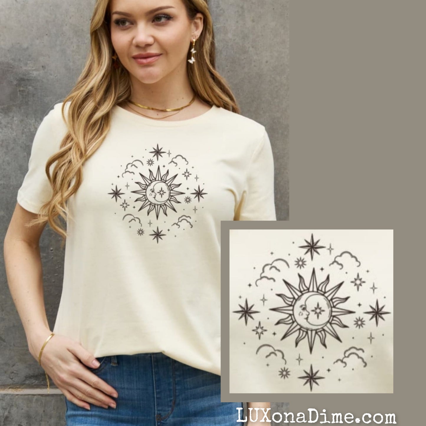 SUN MOON CLOUDS Celestial Graphic Short Sleeve 100% Cotton Tee Shirt (Plus Size Available)