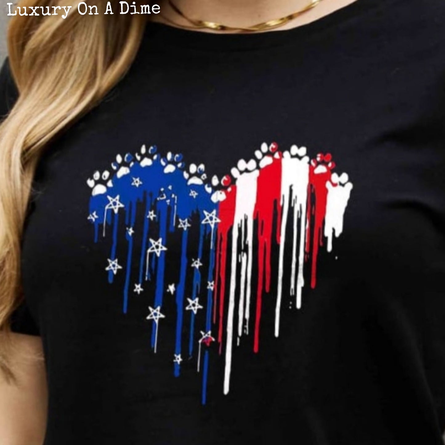 Paw-Print US American Flag Heart Graphic 100% Cotton Short-sleeve Tee Shirt (Plus Size Available)