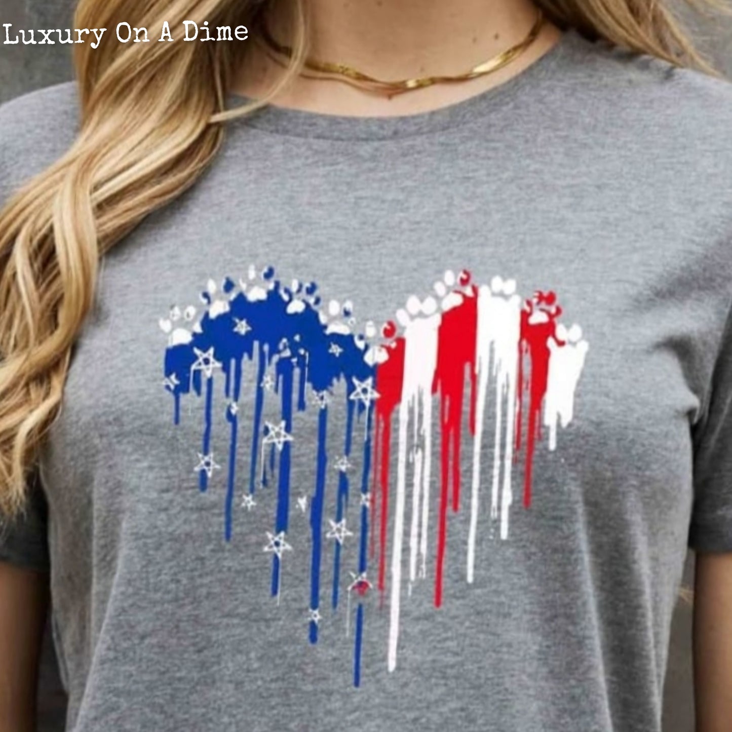 Paw-Print US American Flag Heart Graphic 100% Cotton Short-sleeve Tee Shirt (Plus Size Available)