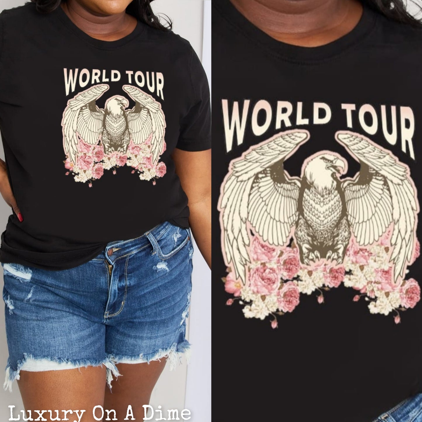 WORLD TOUR Roses American Eagle Graphic 100% Cotton Tee Shirt (Plus Size Available)