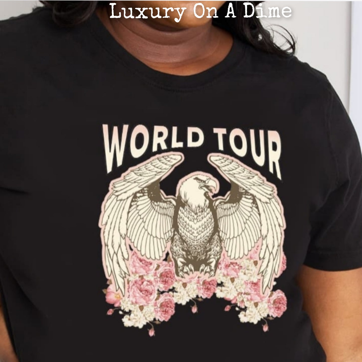 WORLD TOUR Roses American Eagle Graphic 100% Cotton Tee Shirt (Plus Size Available)