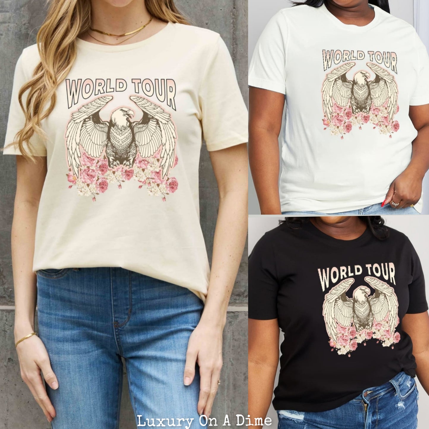 WORLD TOUR Roses American Eagle Graphic 100% Cotton Tee Shirt (Plus Size Available)