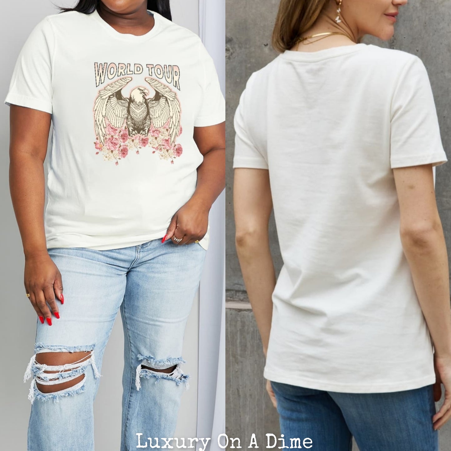 WORLD TOUR Roses American Eagle Graphic 100% Cotton Tee Shirt (Plus Size Available)