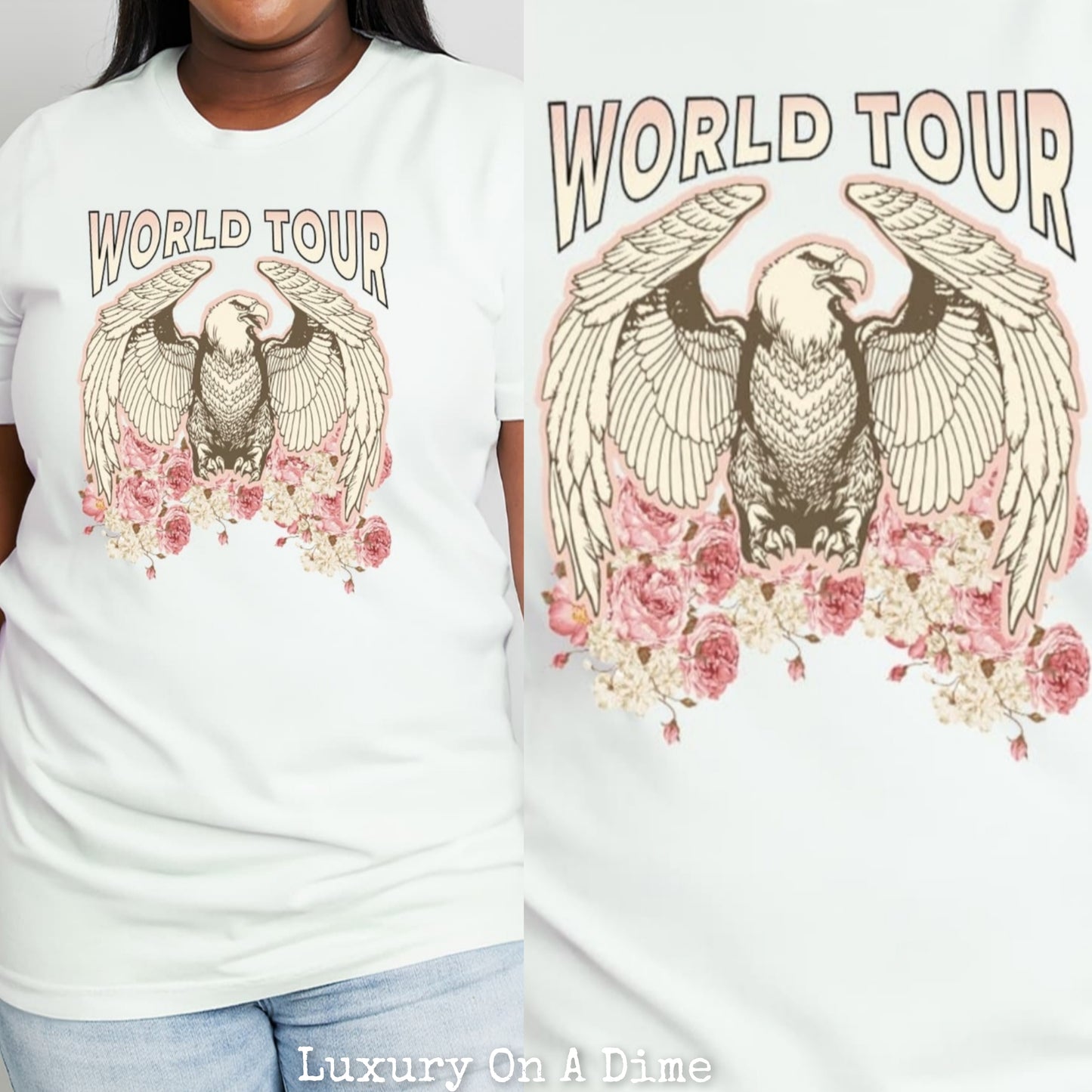 WORLD TOUR Roses American Eagle Graphic 100% Cotton Tee Shirt (Plus Size Available)