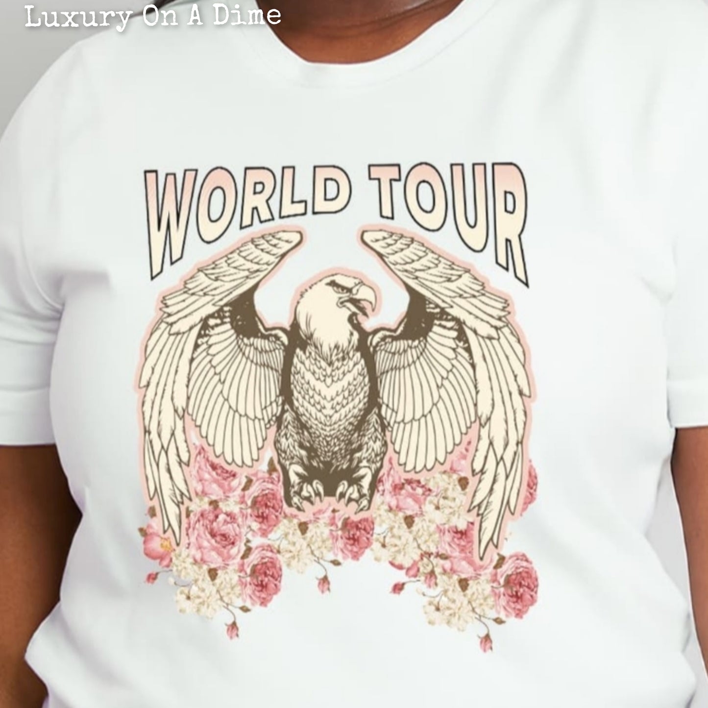 WORLD TOUR Roses American Eagle Graphic 100% Cotton Tee Shirt (Plus Size Available)