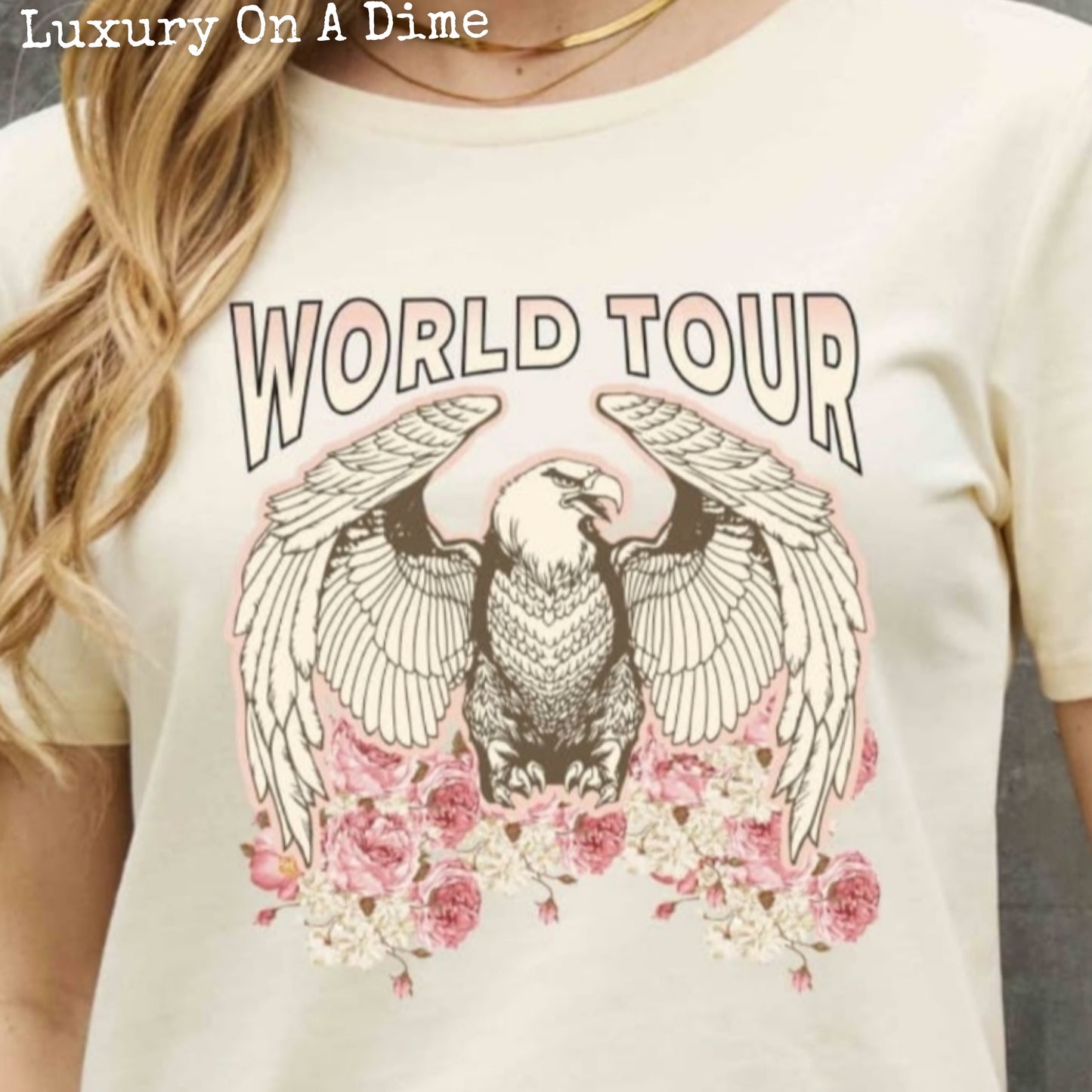 WORLD TOUR Roses American Eagle Graphic 100% Cotton Tee Shirt (Plus Size Available)