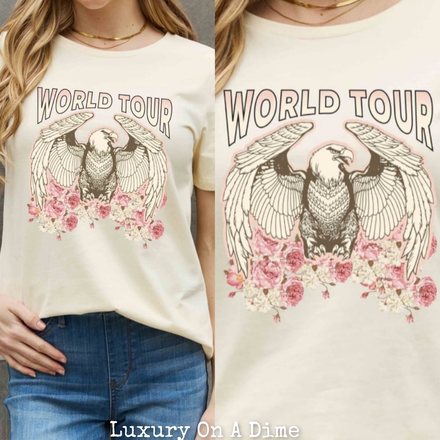 WORLD TOUR Roses American Eagle Graphic 100% Cotton Tee Shirt (Plus Size Available)