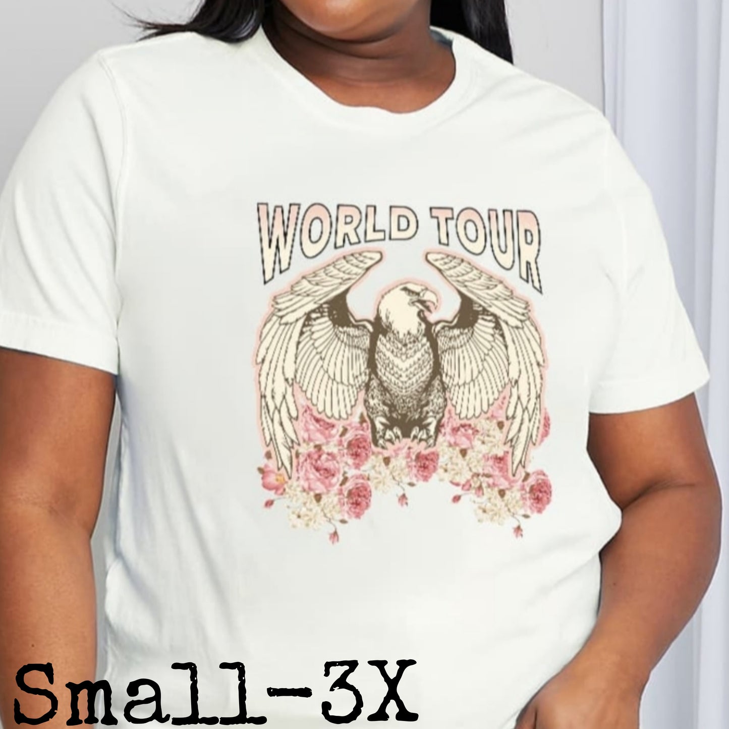 WORLD TOUR Roses American Eagle Graphic 100% Cotton Tee Shirt (Plus Size Available)