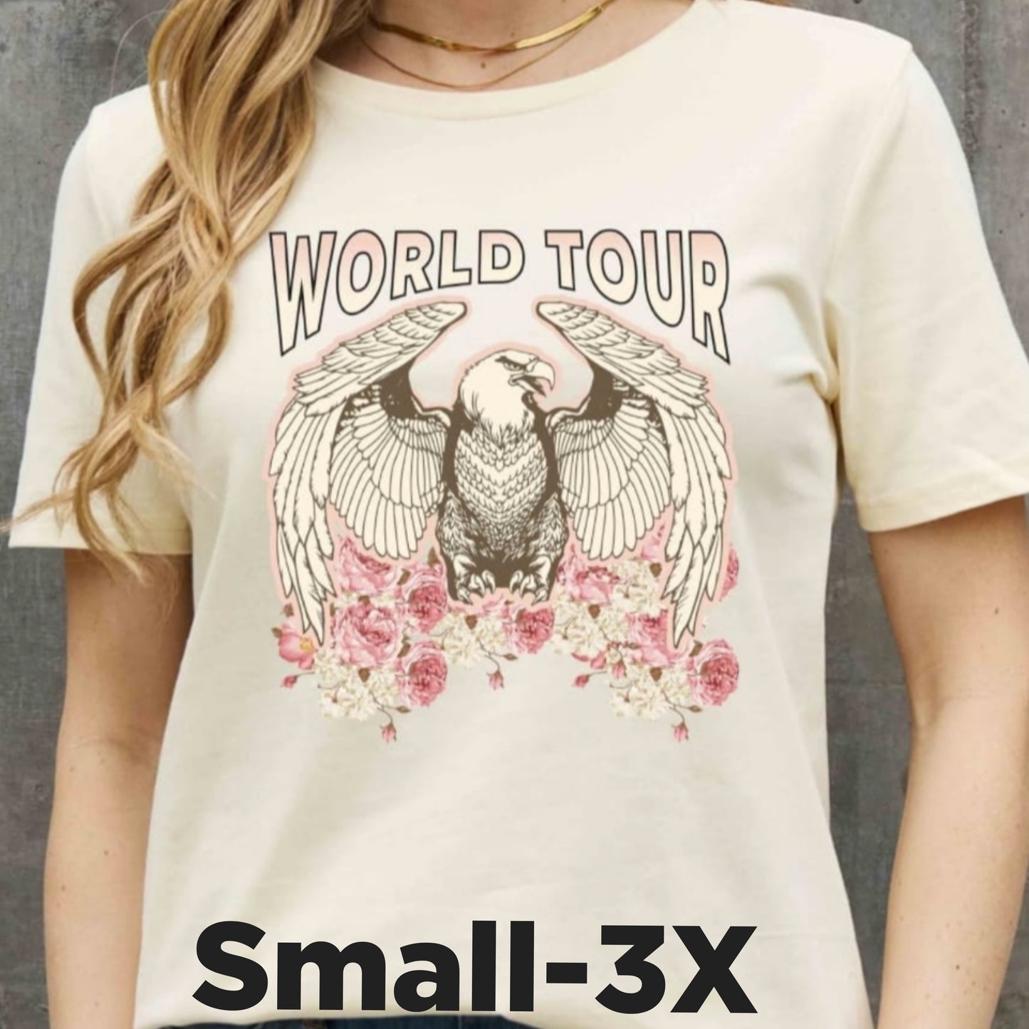 WORLD TOUR Roses American Eagle Graphic 100% Cotton Tee Shirt (Plus Size Available)