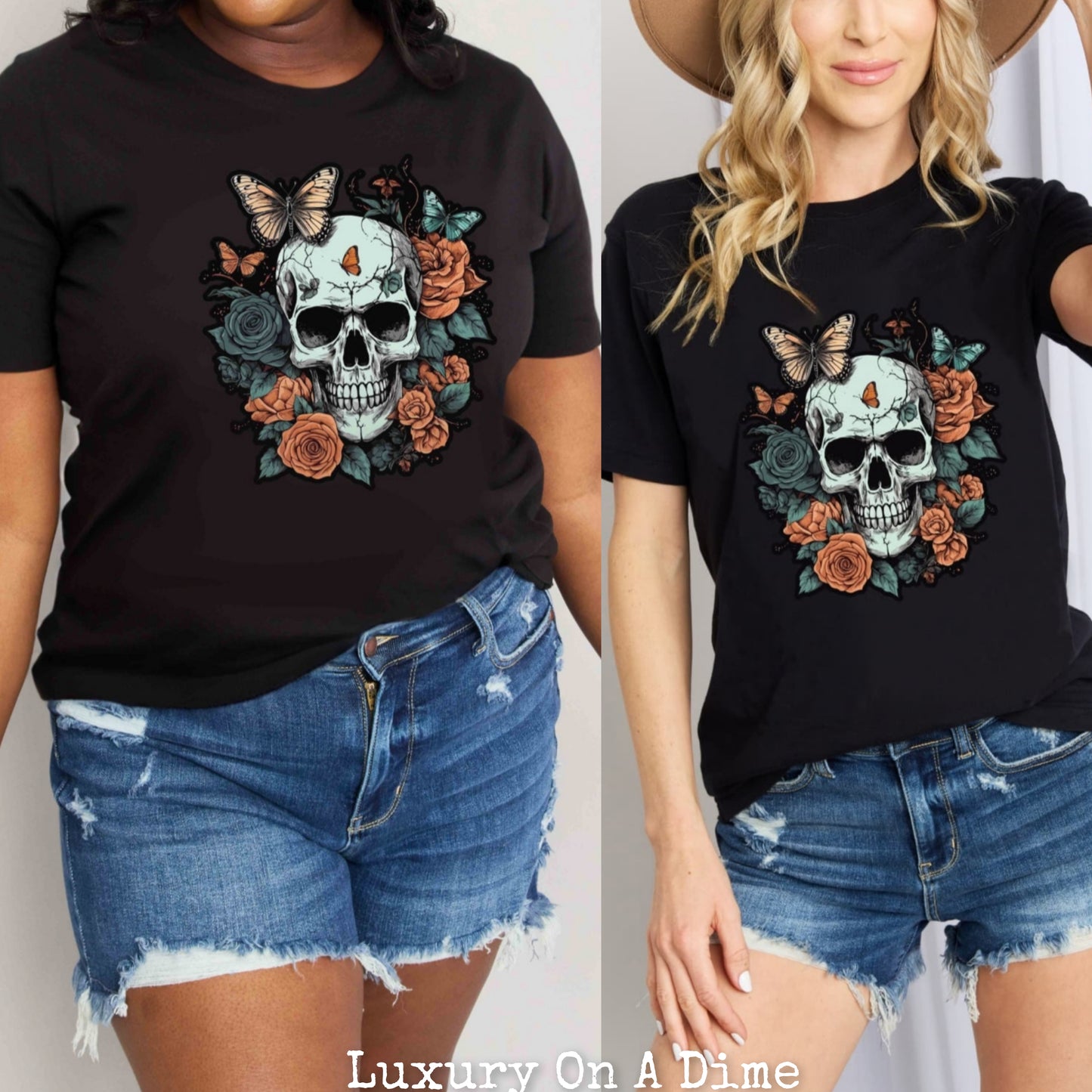 Rose Skull Butterfly Tattoo Graphic 100% Cotton T-Shirt (Plus Size Available)
