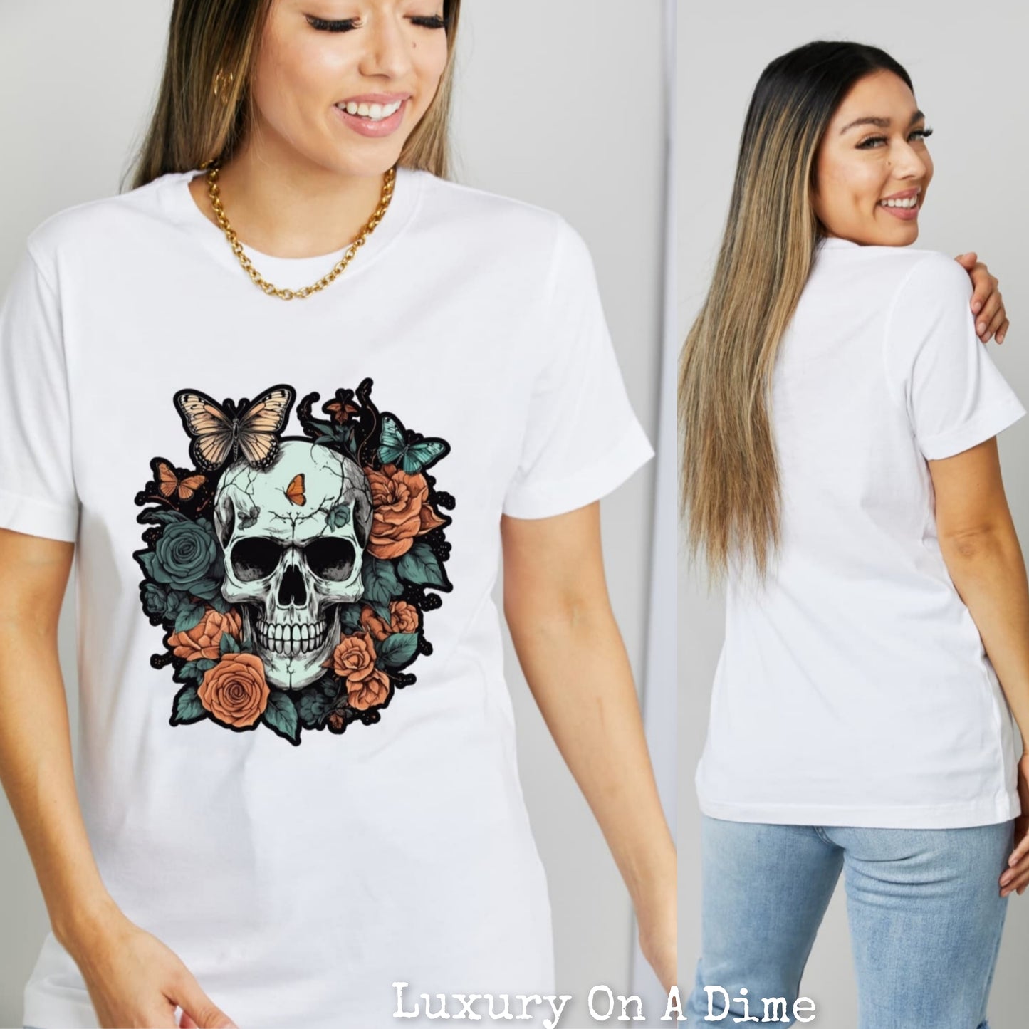 Rose Skull Butterfly Tattoo Graphic 100% Cotton T-Shirt (Plus Size Available)