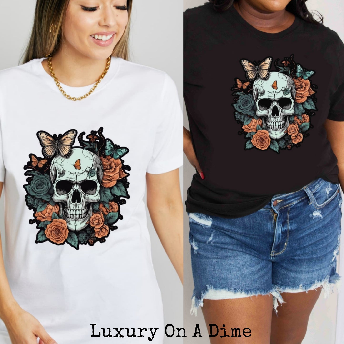 Rose Skull Butterfly Tattoo Graphic 100% Cotton T-Shirt (Plus Size Available)