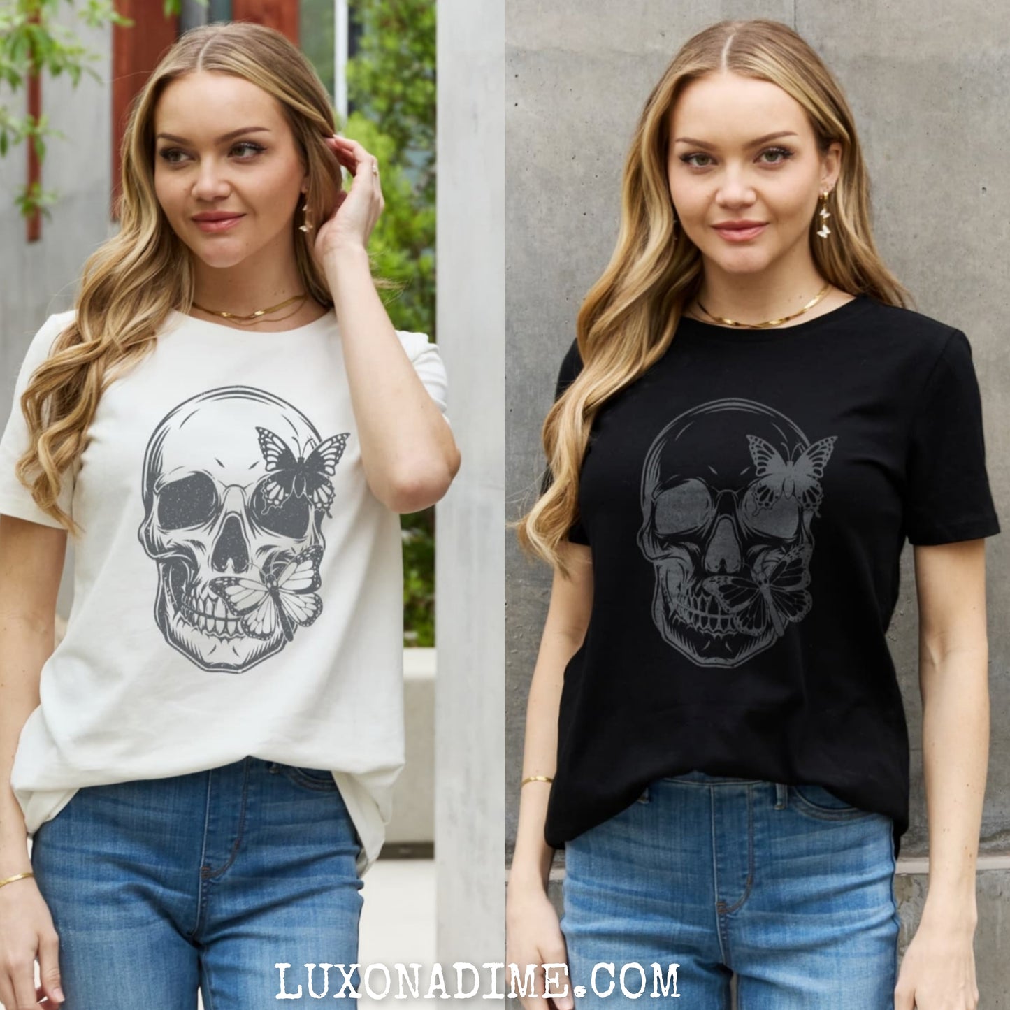 Butterfly Skull Contrasting Graphic 100% Cotton Short-sleeve Tee Shirt