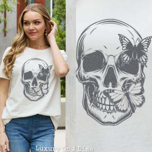 Butterfly Skull Top Contrasting Graphic 100% Cotton Short-sleeve Tee Shirt