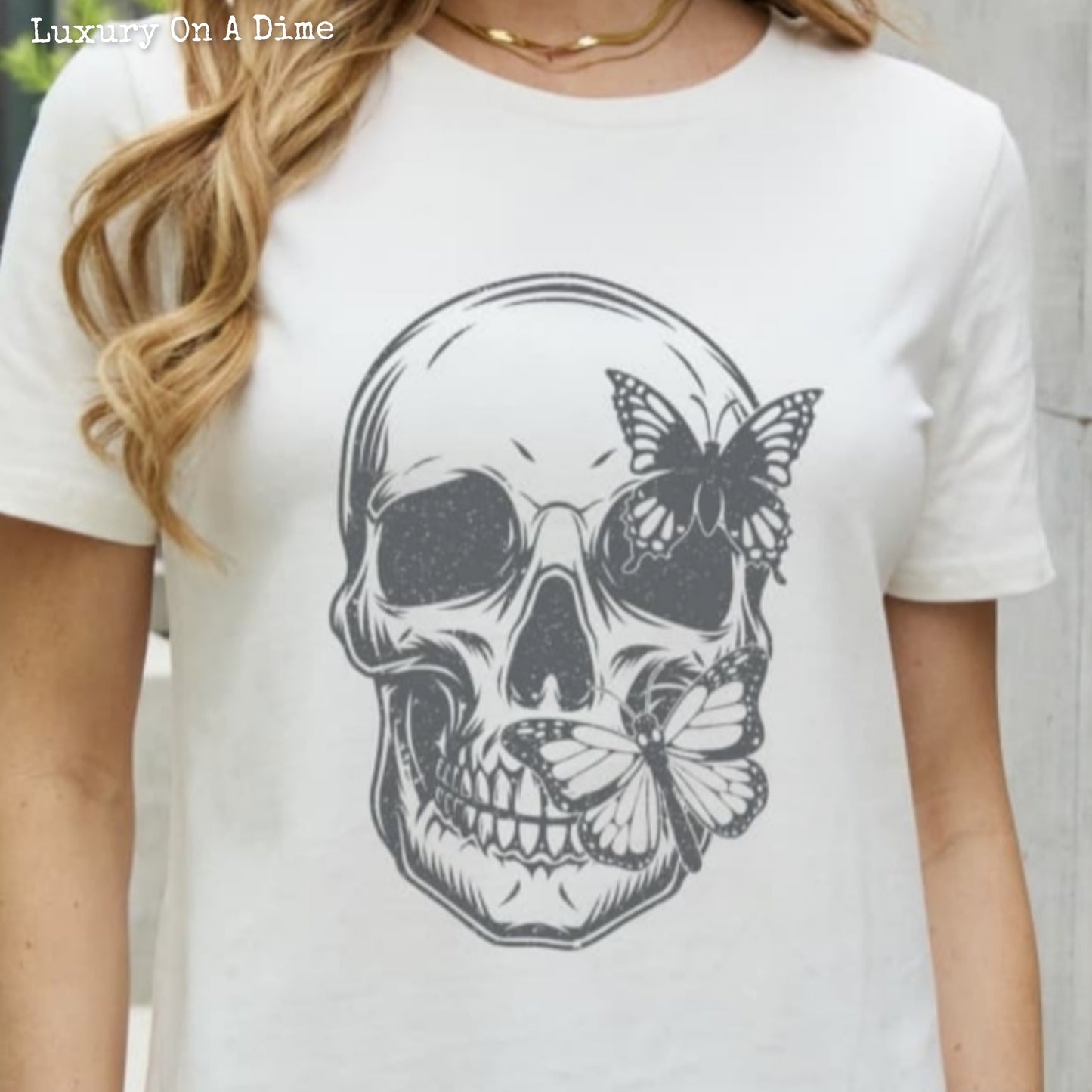 Butterfly Skull Top Contrasting Graphic 100% Cotton Short-sleeve Tee Shirt