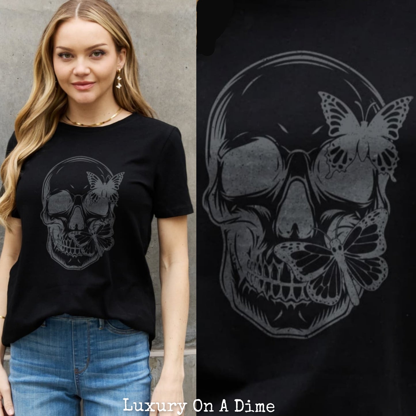 Butterfly Skull Contrasting Graphic 100% Cotton Short-sleeve Tee Shirt