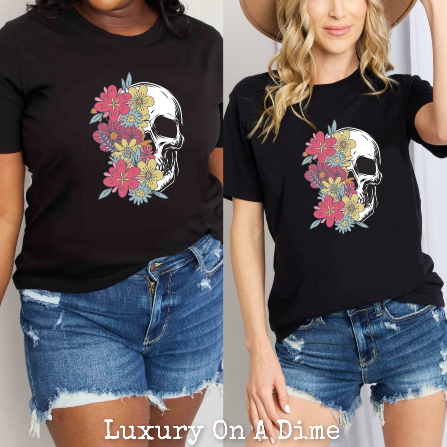 Colorful Floral Skull Graphic 100% Cotton Short Sleeve Tee Shirt (Plus Size Available)