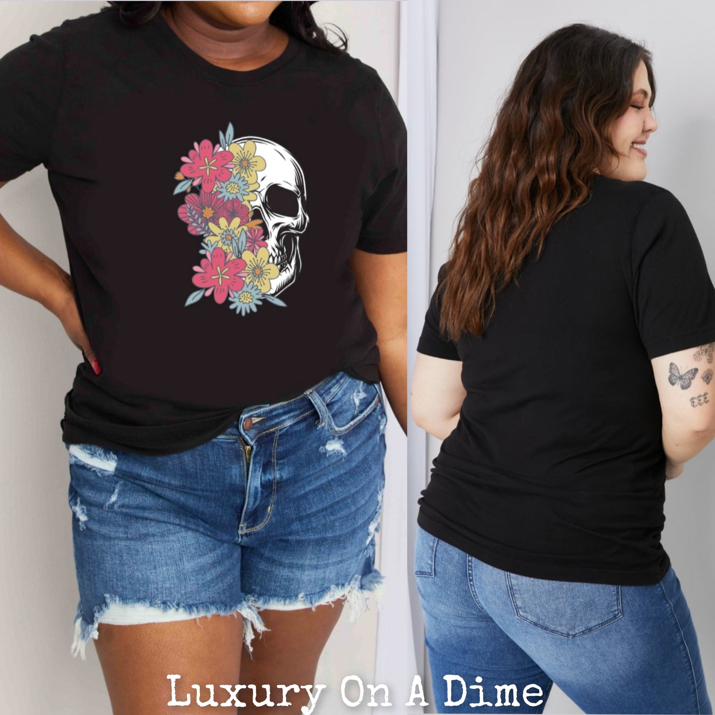 Colorful Floral Skull Graphic 100% Cotton Short Sleeve Tee Shirt (Plus Size Available)