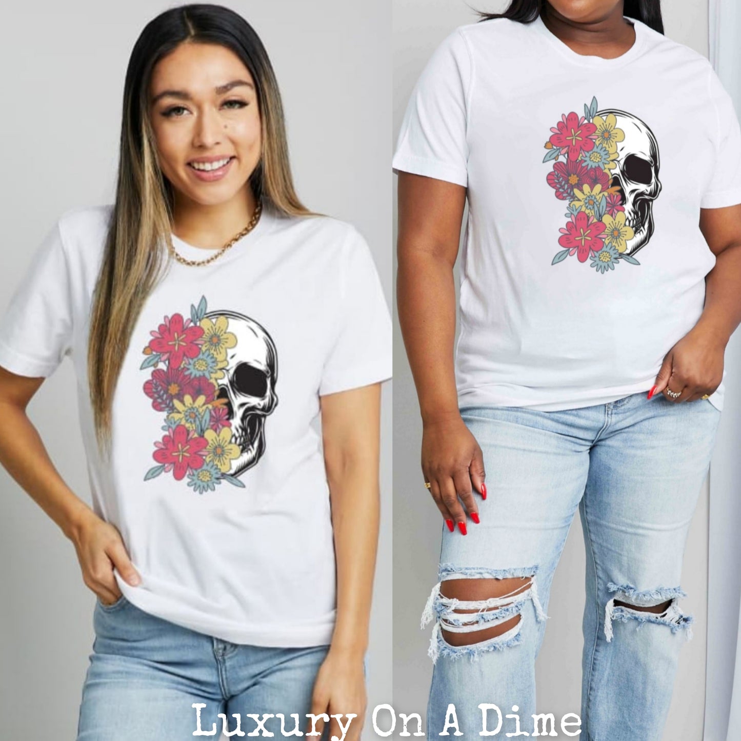 Colorful Floral Skull Graphic 100% Cotton Short Sleeve Tee Shirt (Plus Size Available)