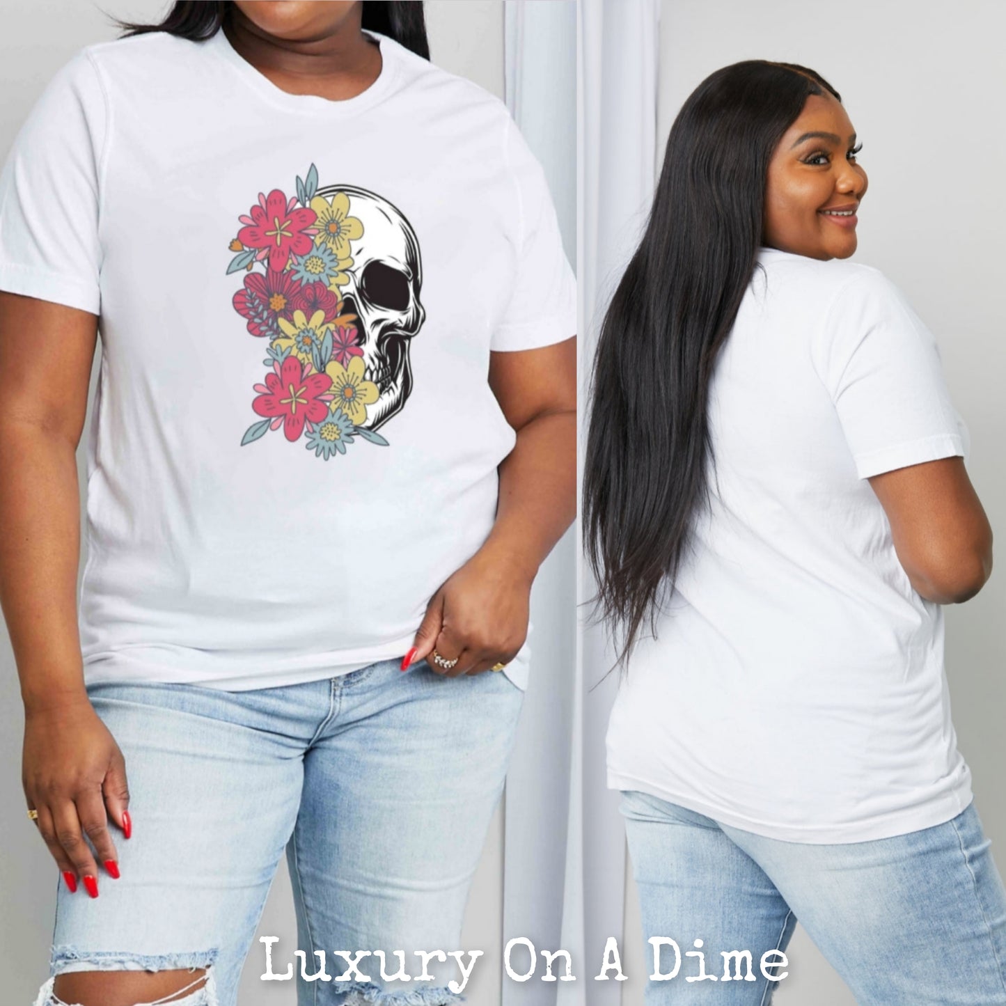 Colorful Floral Skull Graphic 100% Cotton Short Sleeve Tee Shirt (Plus Size Available)