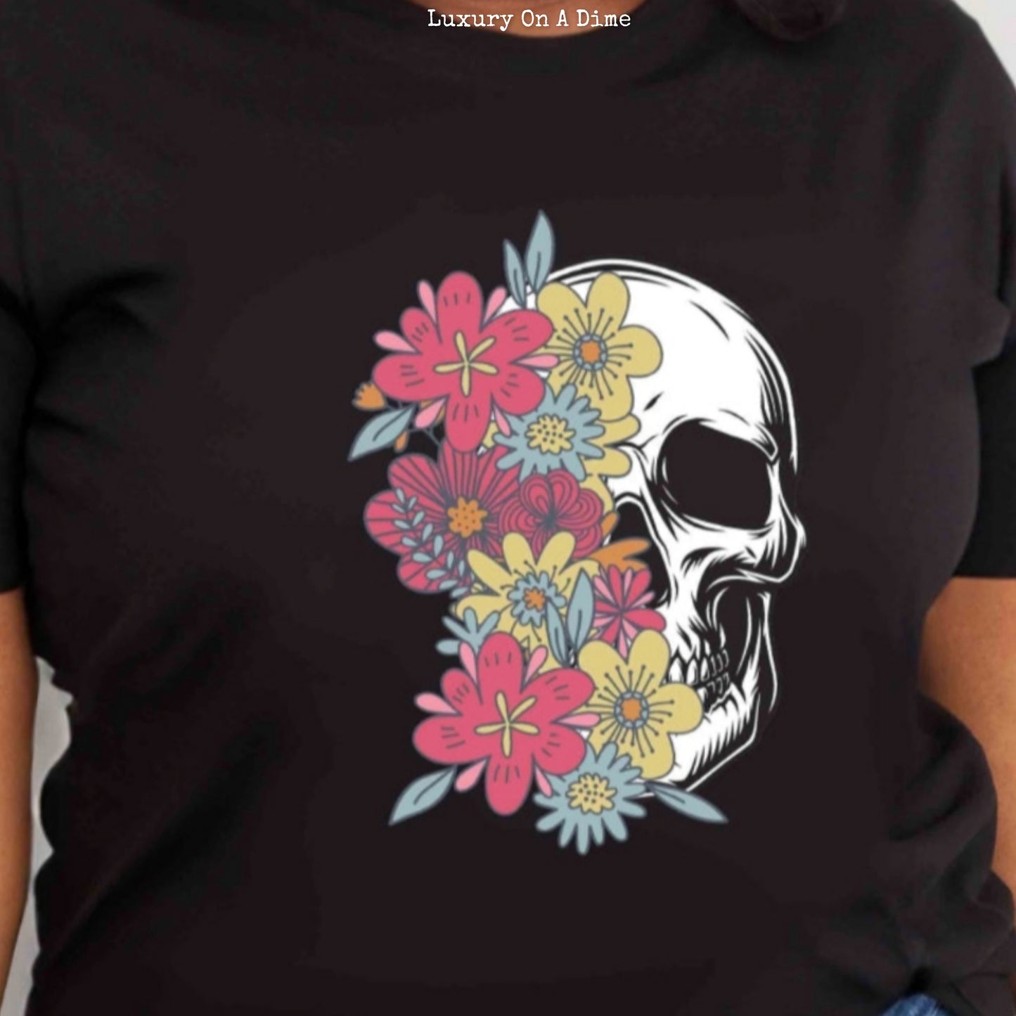 Colorful Floral Skull Graphic 100% Cotton Short Sleeve Tee Shirt (Plus Size Available)