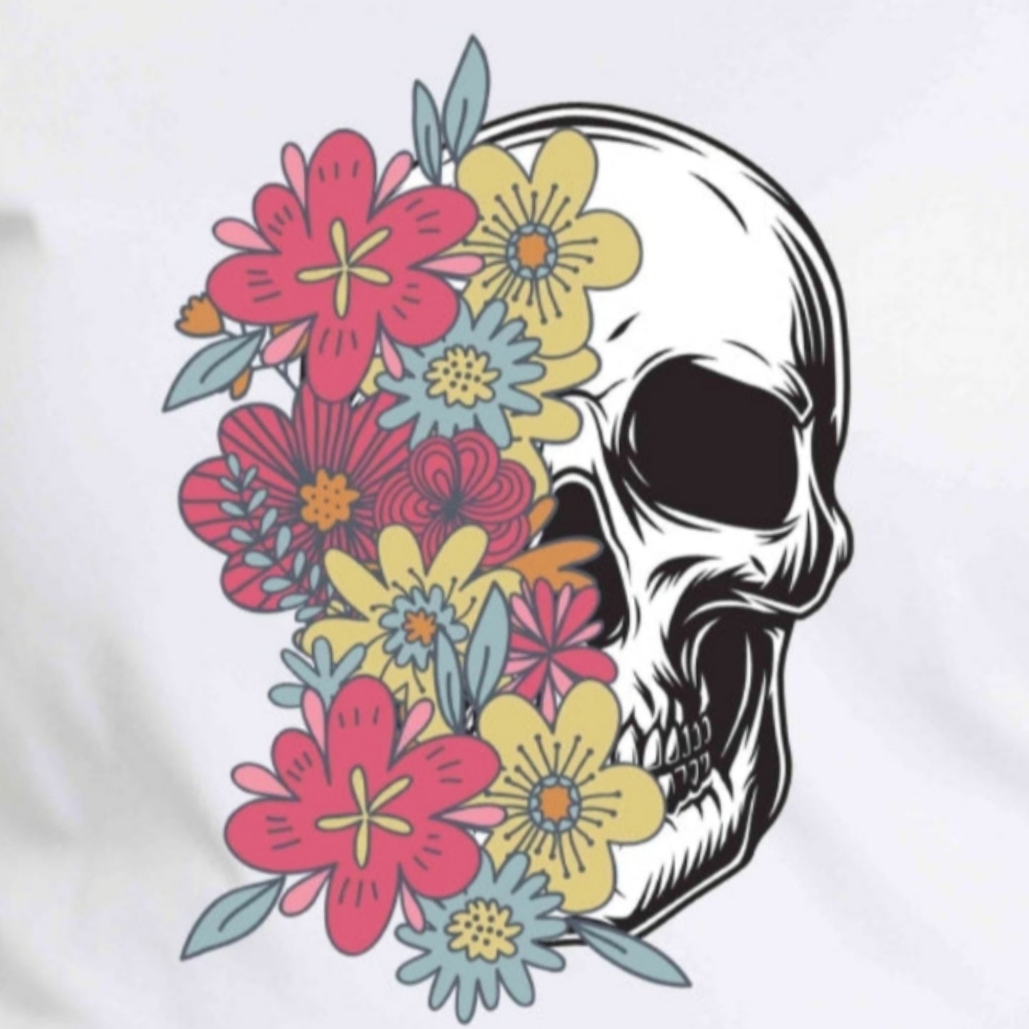 Colorful Floral Skull Graphic 100% Cotton Short Sleeve Tee Shirt (Plus Size Available)