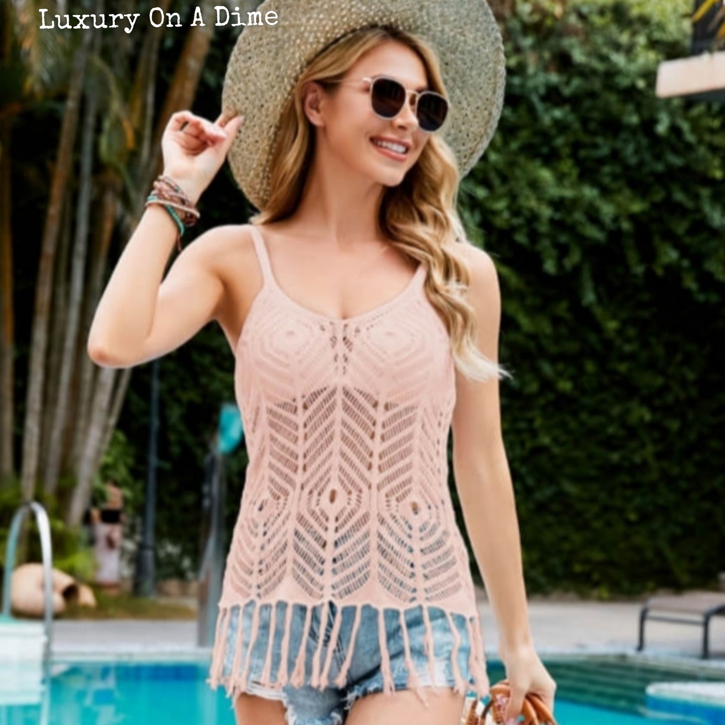 Cami Tank Top Openwork Fringe Tassle Hem Sleeveless Cover Up Fishnet Cutout Shirt