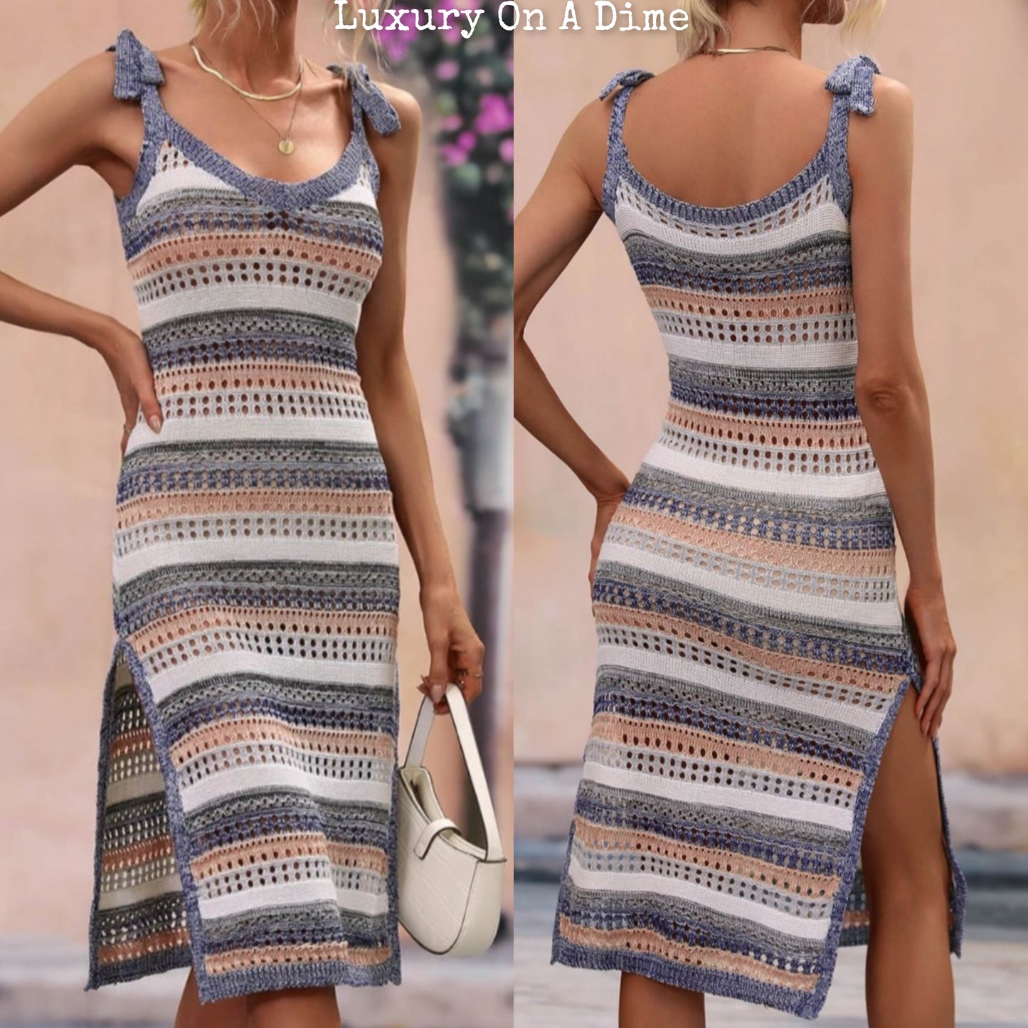 Retro Cutout Openwork Knit Tie Shoulder Stripe Swimwear Cover Up Dress