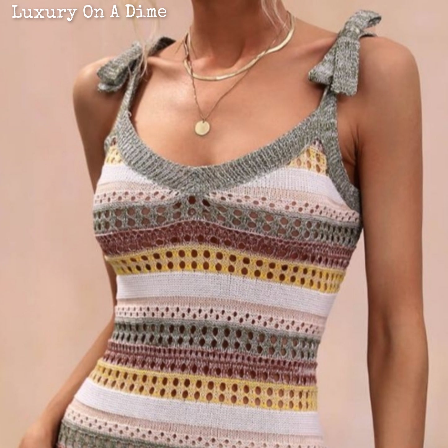 Retro Cutout Openwork Knit Tie Shoulder Stripe Swimwear Cover Up Dress