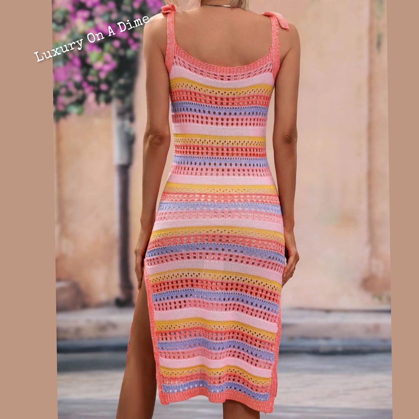 Retro Cutout Openwork Knit Tie Shoulder Stripe Swimwear Cover Up Dress