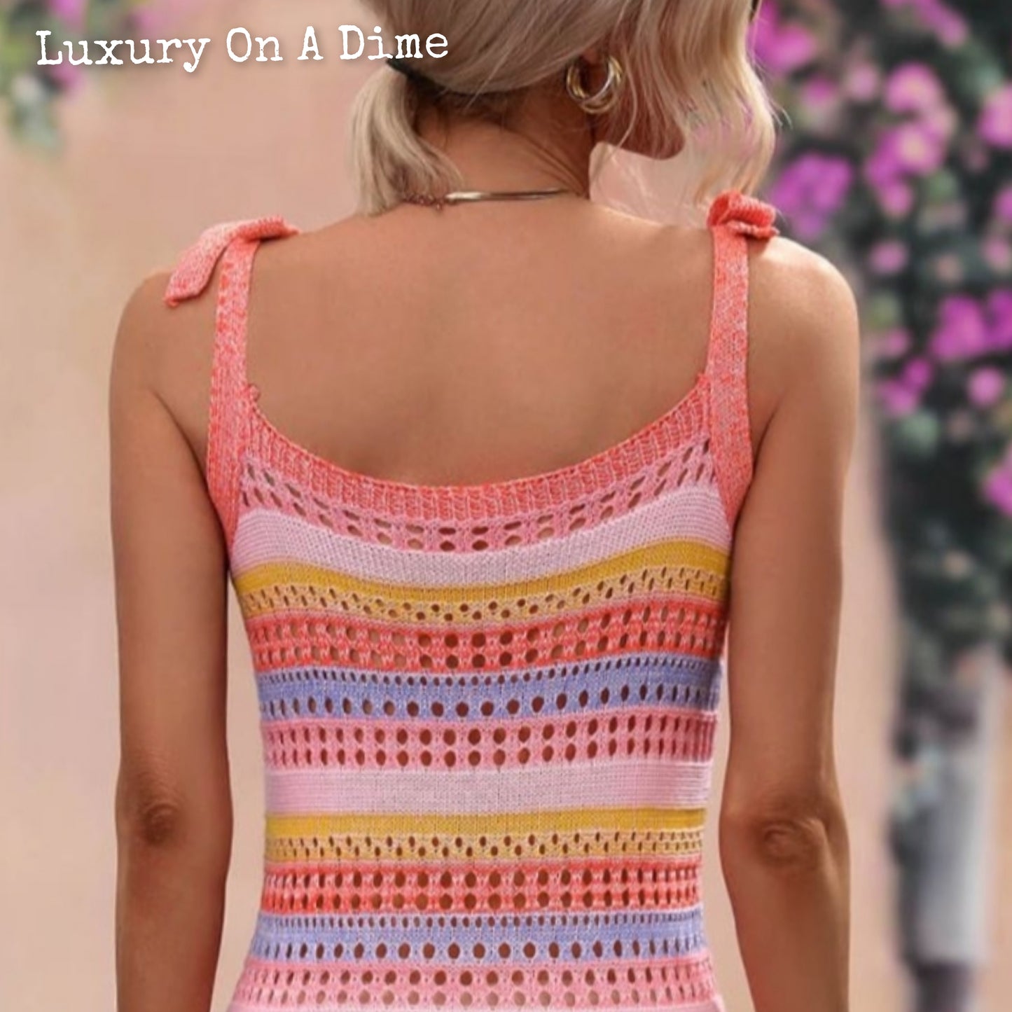 Retro Cutout Openwork Knit Tie Shoulder Stripe Swimwear Cover Up Dress