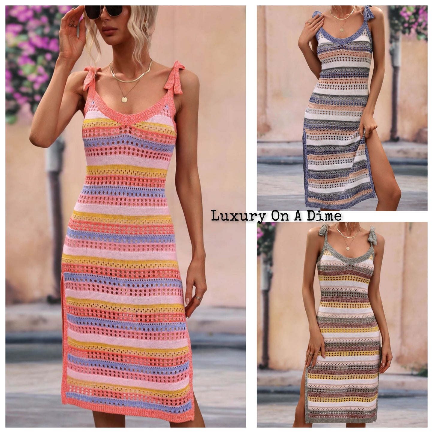 Retro Cutout Openwork Knit Tie Shoulder Stripe Swimwear Cover Up Dress