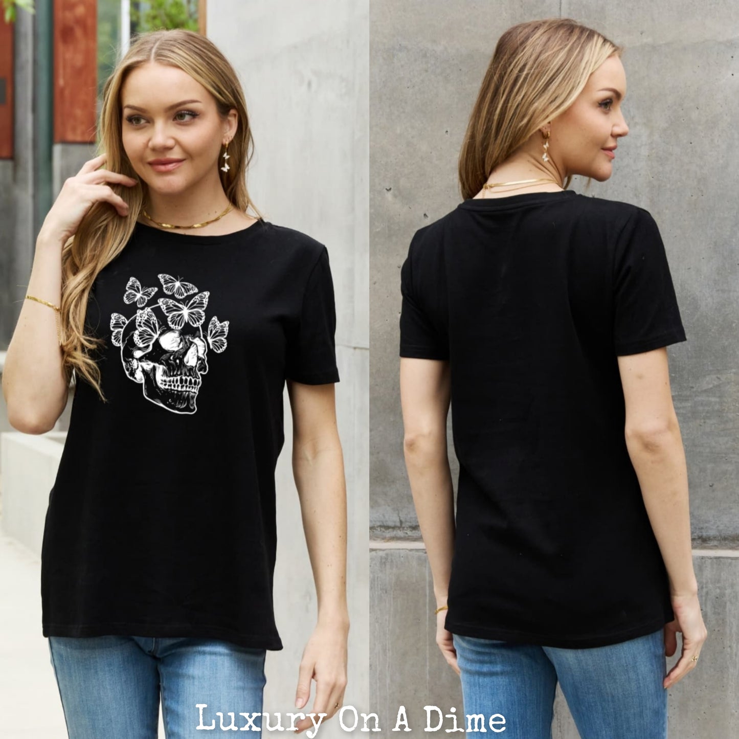 Skull Butterfly Contrasting Graphic 100% Cotton Short-sleeve Tee Shirt