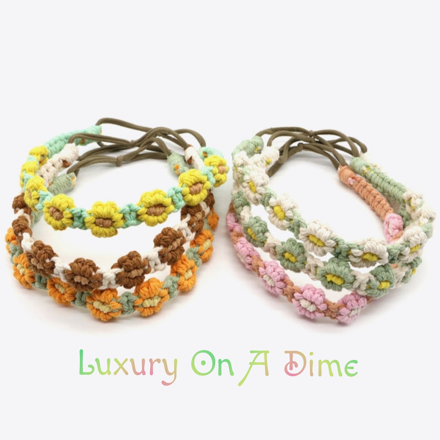 2-Pack Premium Colorful Daisy Macrame Boho Handmade Retro Headband