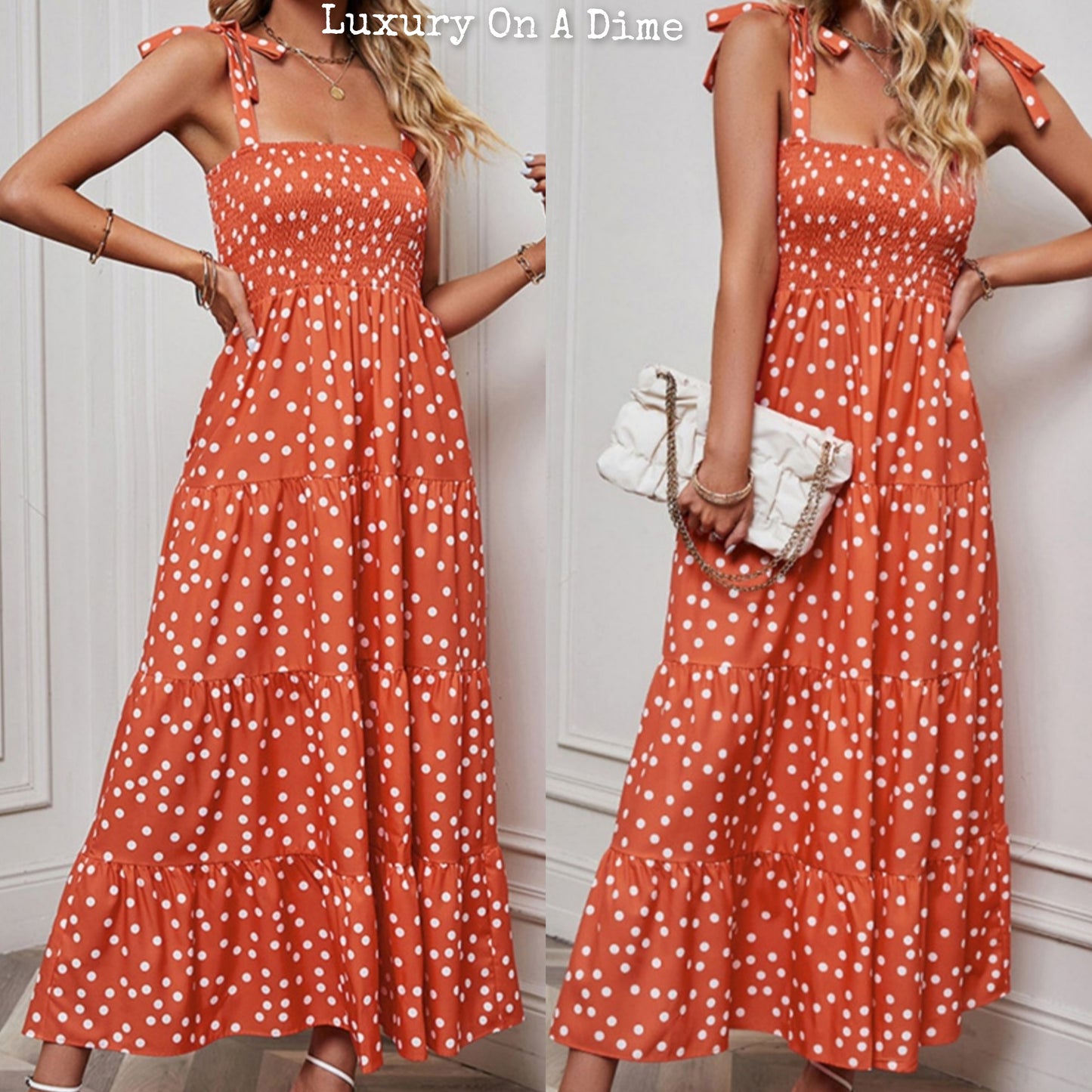 Tiered Polka Dot Smocked Bodice Classic Summer Maxi Dress