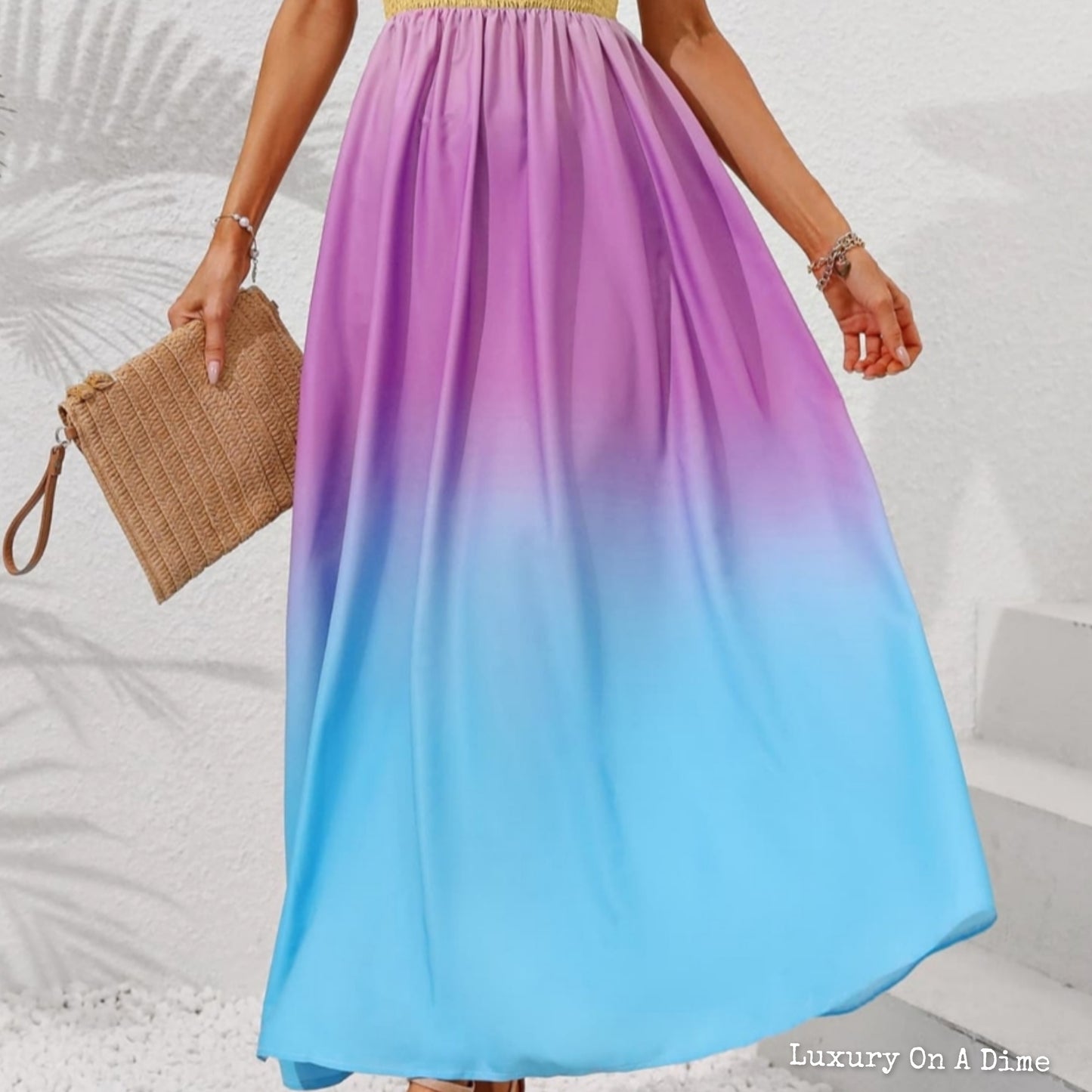 Colorful Ombre Rainbow Self-Tie Shoulder Smocked Bodice Summer Maxi Dress