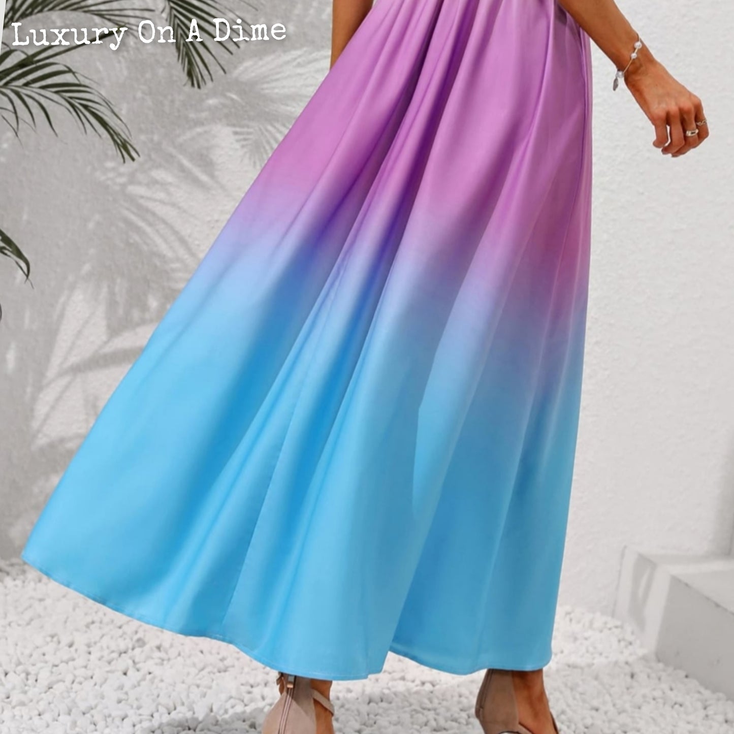 Colorful Ombre Rainbow Self-Tie Shoulder Smocked Bodice Summer Maxi Dress