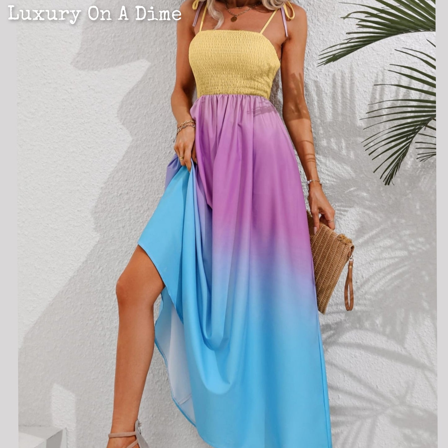 Colorful Ombre Rainbow Self-Tie Shoulder Smocked Bodice Summer Maxi Dress