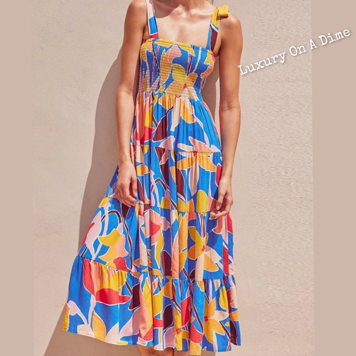 Vibrant Floral Abstract Tie Shoulder Smocked Bodice Tiered Maxi Summer Dress