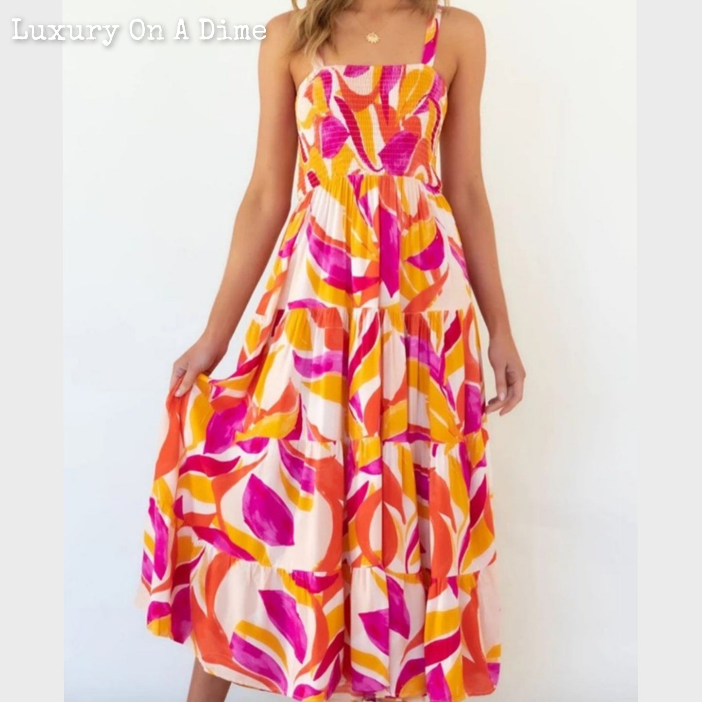 Bright Vibrant Abstract Sleeveless Smocked Bodice Summer Maxi Dress