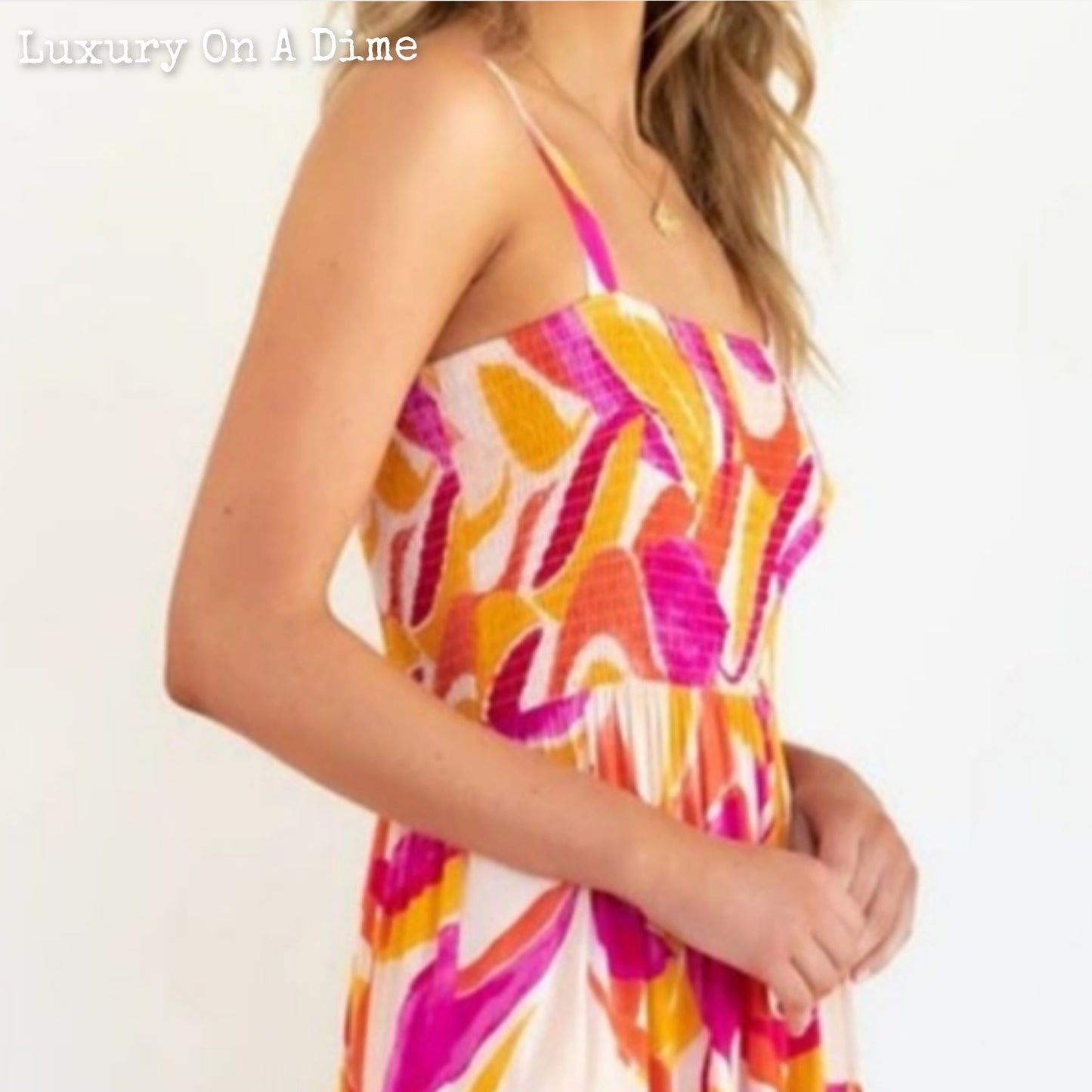 Bright Vibrant Abstract Sleeveless Smocked Bodice Summer Maxi Dress