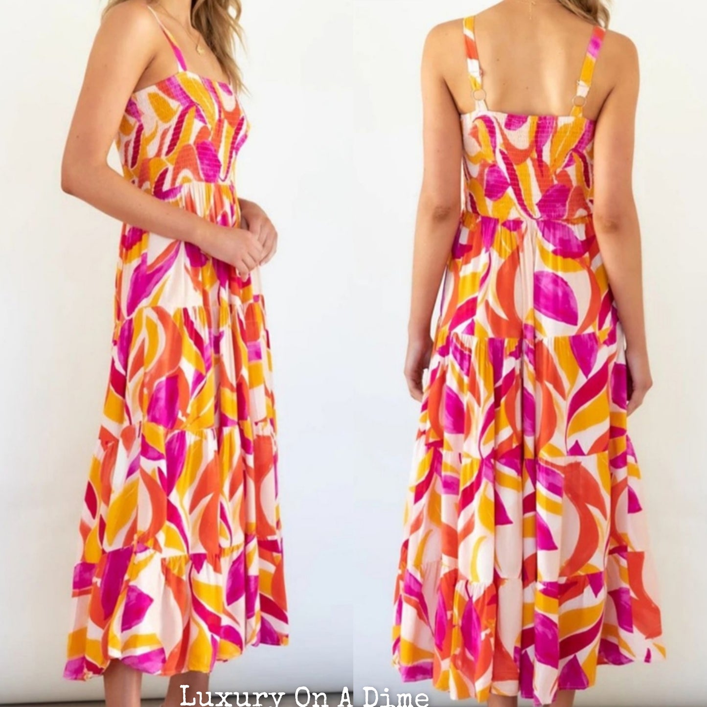 Bright Vibrant Abstract Sleeveless Smocked Bodice Summer Maxi Dress