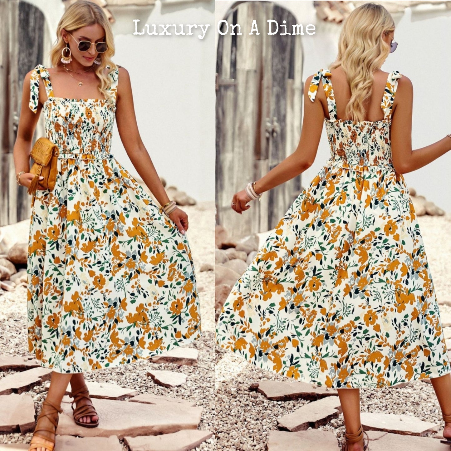 Colorful Bright Print Smocked Bodice Tie Shoulder Summer Midi Dress (5 colors Available)