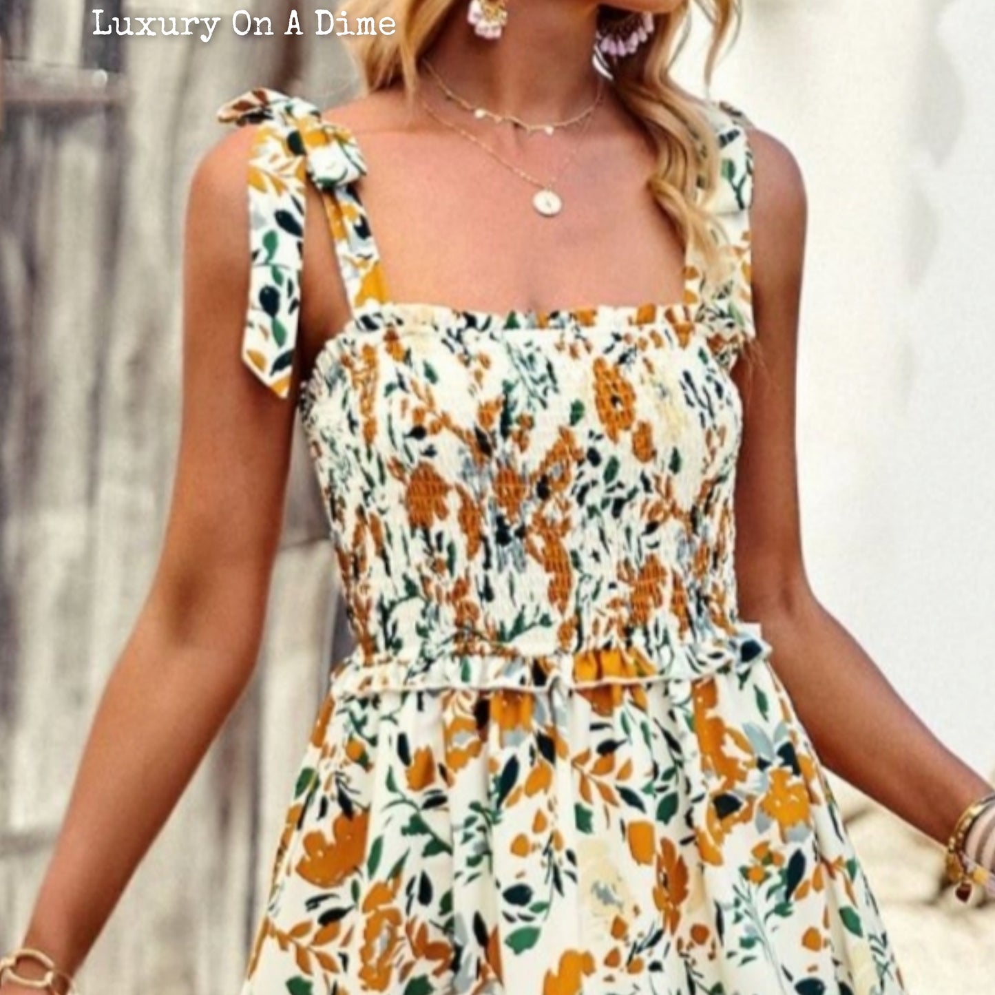 Colorful Bright Print Smocked Bodice Tie Shoulder Summer Midi Dress (5 colors Available)