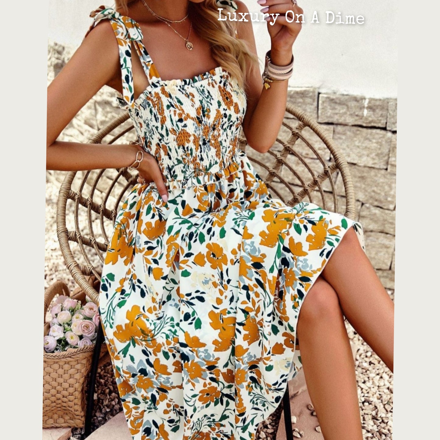 Colorful Bright Print Smocked Bodice Tie Shoulder Summer Midi Dress (5 colors Available)