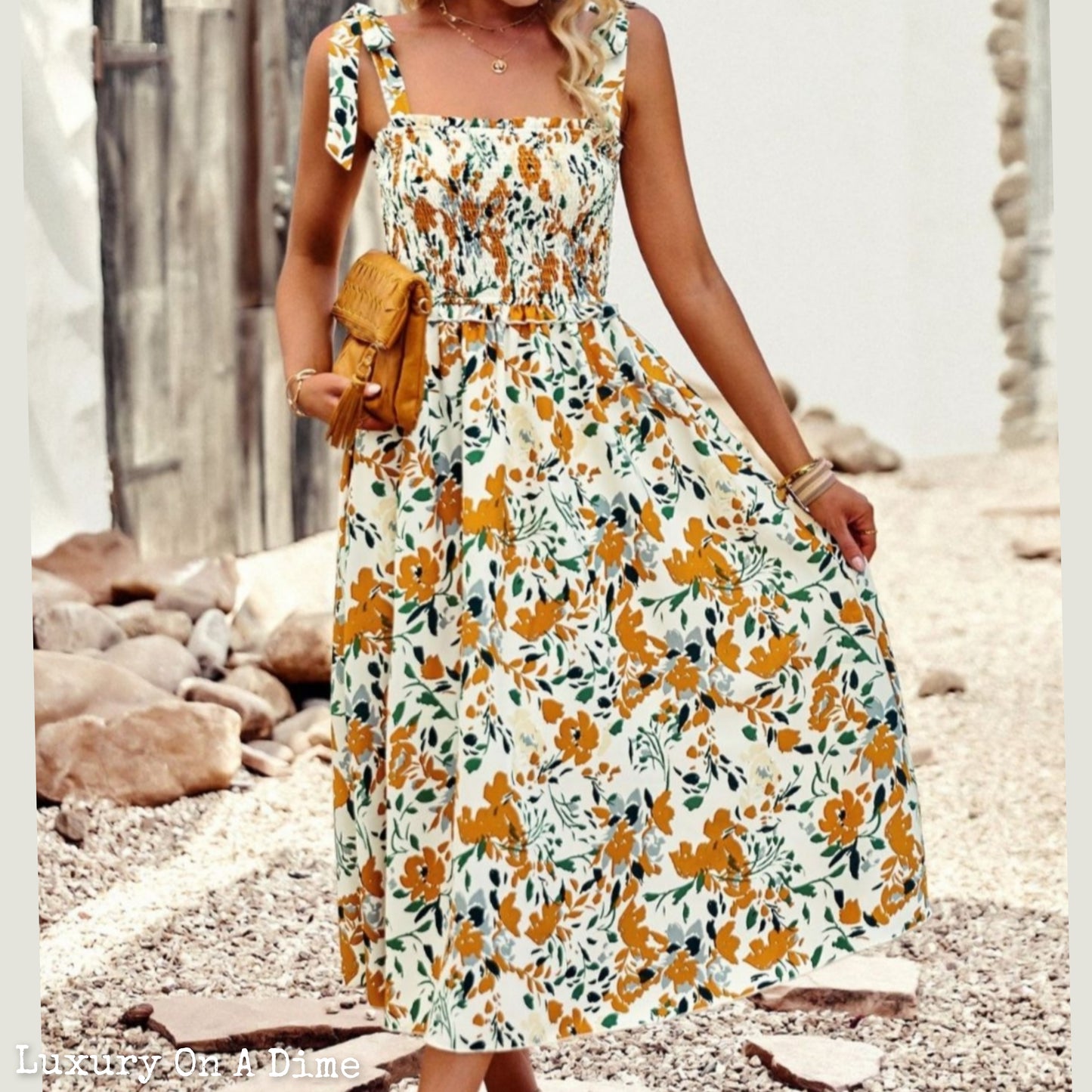 Colorful Bright Print Smocked Bodice Tie Shoulder Summer Midi Dress (5 colors Available)